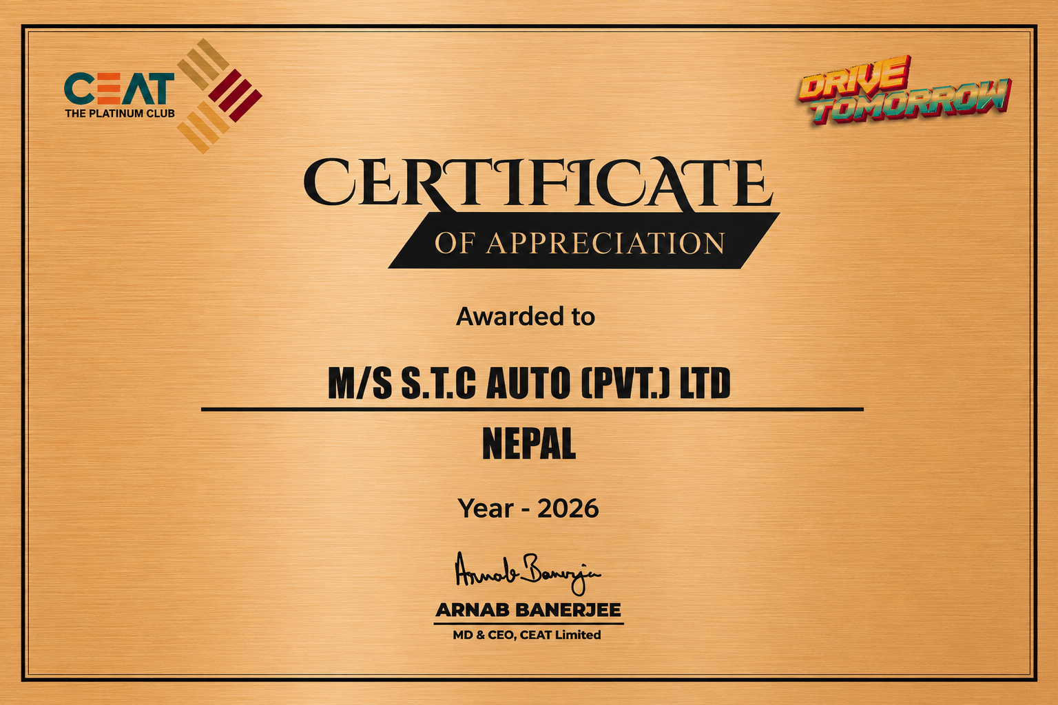 Ceat Award Certificate
